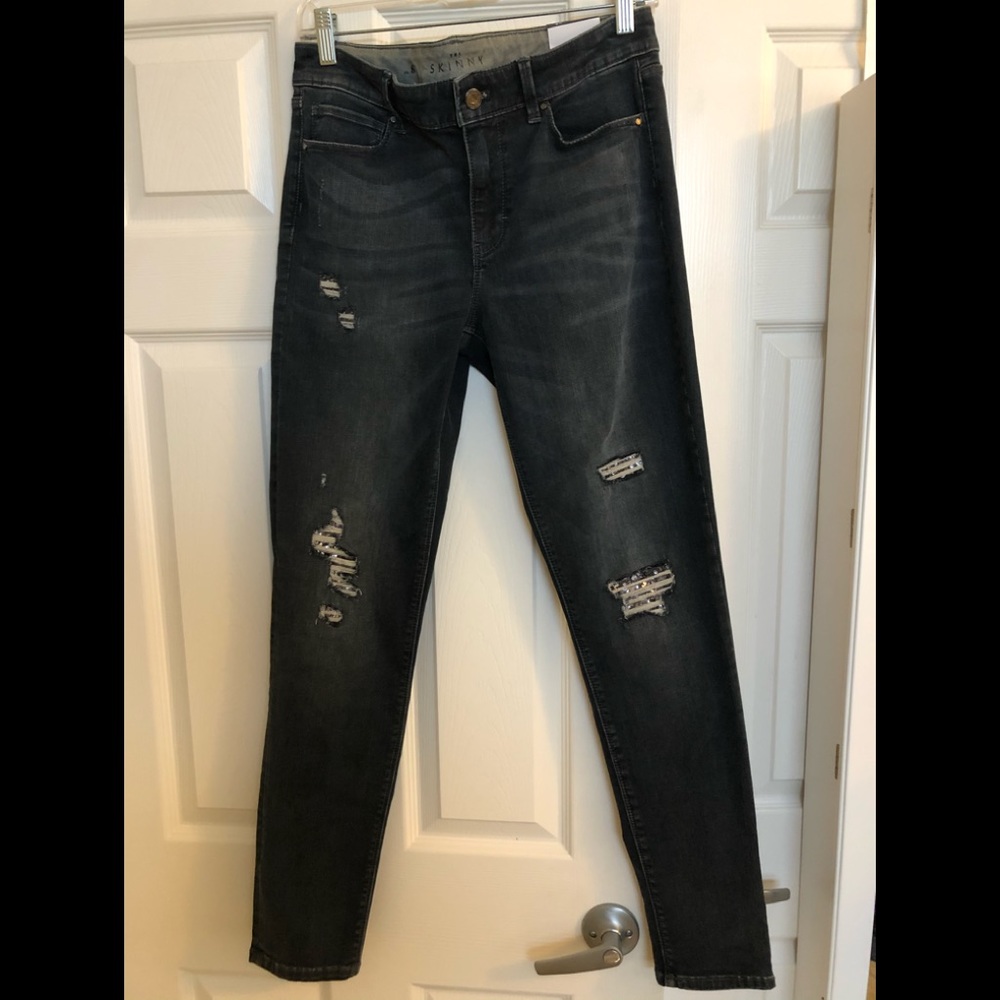 WHBM Distressed Sequined Skinny Jean Dark Wash Sz8